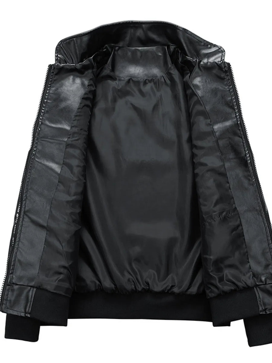 Black racing-inspired men's sport jacket with a smooth, shiny lining and zippered front.