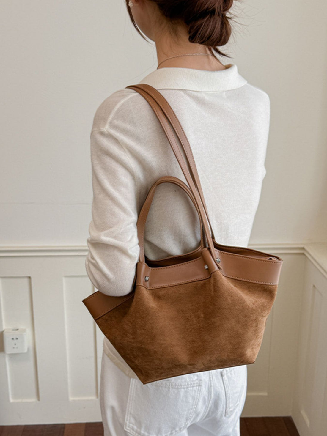 Leather Trim Medium Tote Bag in Coffee Brown with top handles