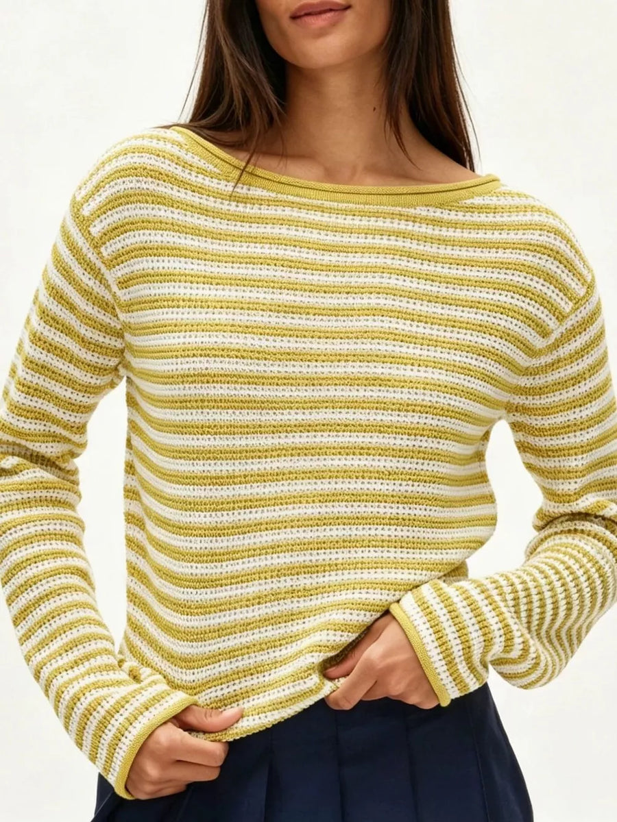 Striped Boat Neck Knit Sweater in white with stretch