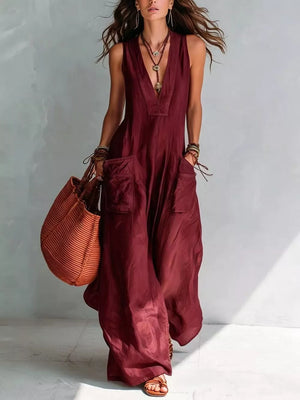 Blue relaxed jumpsuit with v-neck