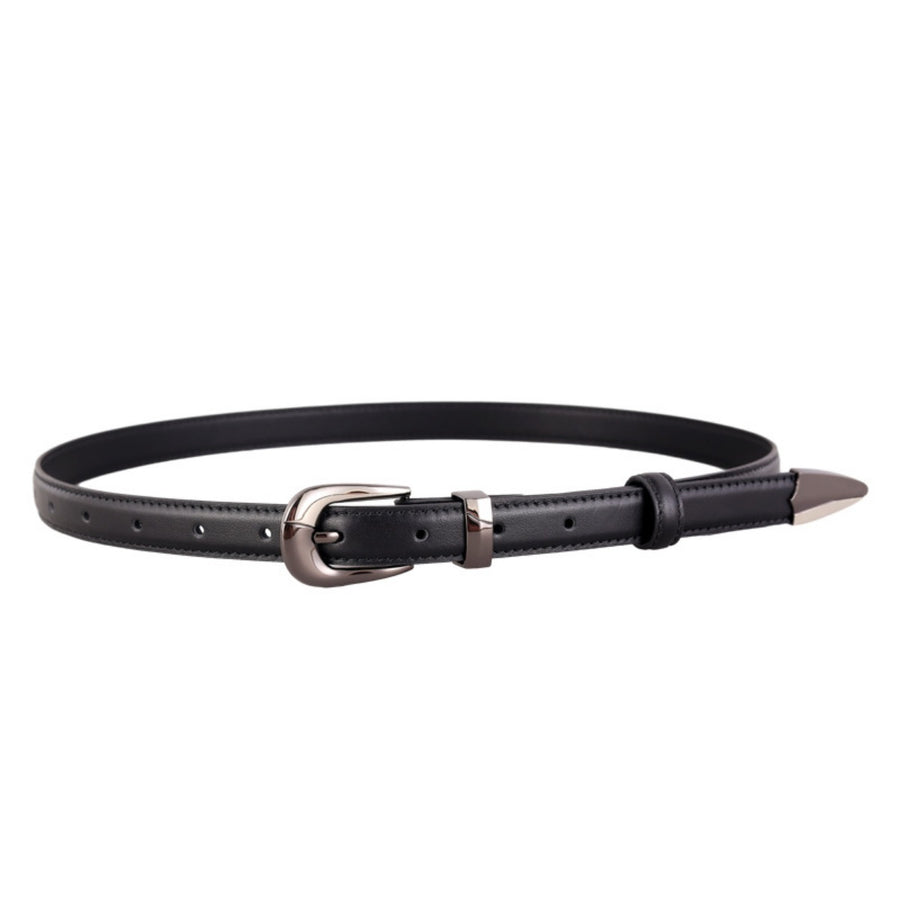 Black cowhide leather belt with metal buckle and pointed tip