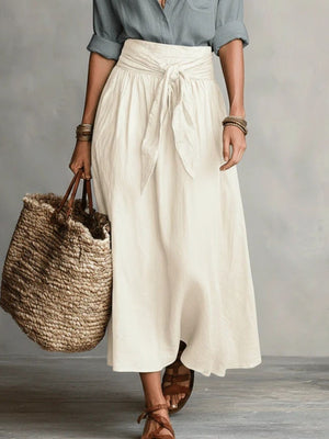 olive green relaxed shirt and skirt set with collared