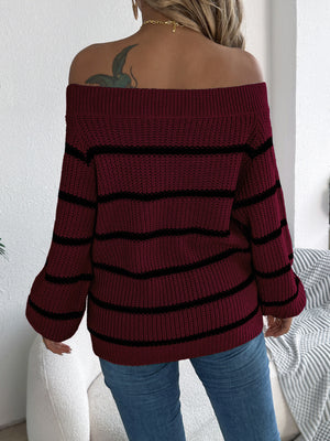 Off-Shoulder Striped Contrast Sweater in Pink