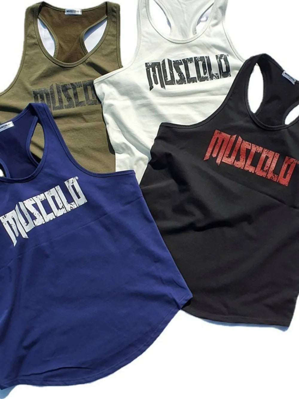 Muscle tank tops in red, black, navy, white, and olive green with distressed logo graphic.