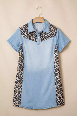 Denim polo dress with short sleeves and leopard print panels