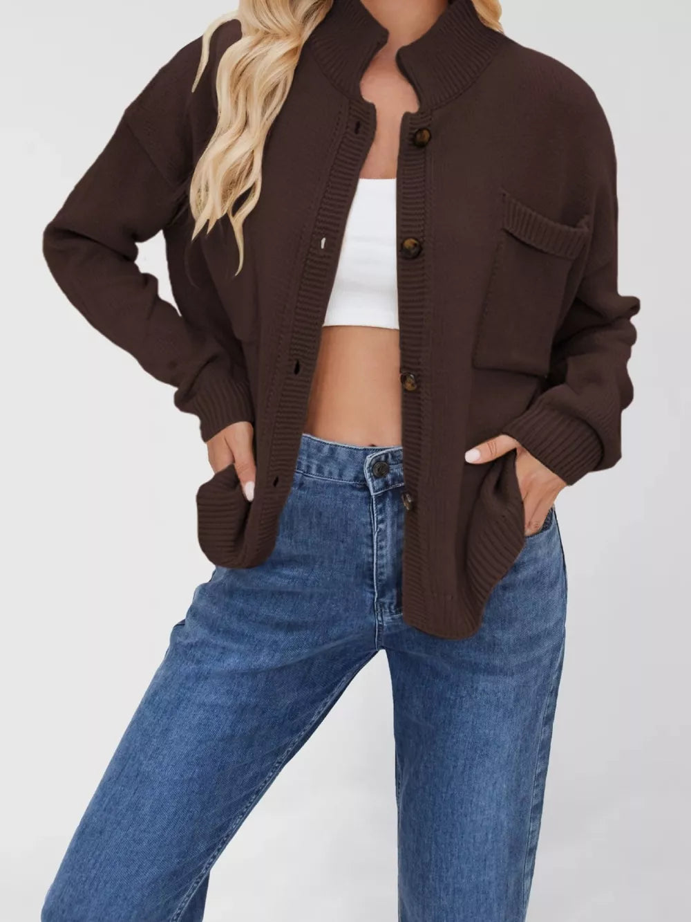casual cardigan in Black with mock neck