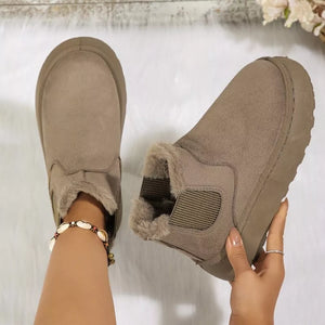 Suede round toe platform ankle boots in caramel with faux fur trim.
