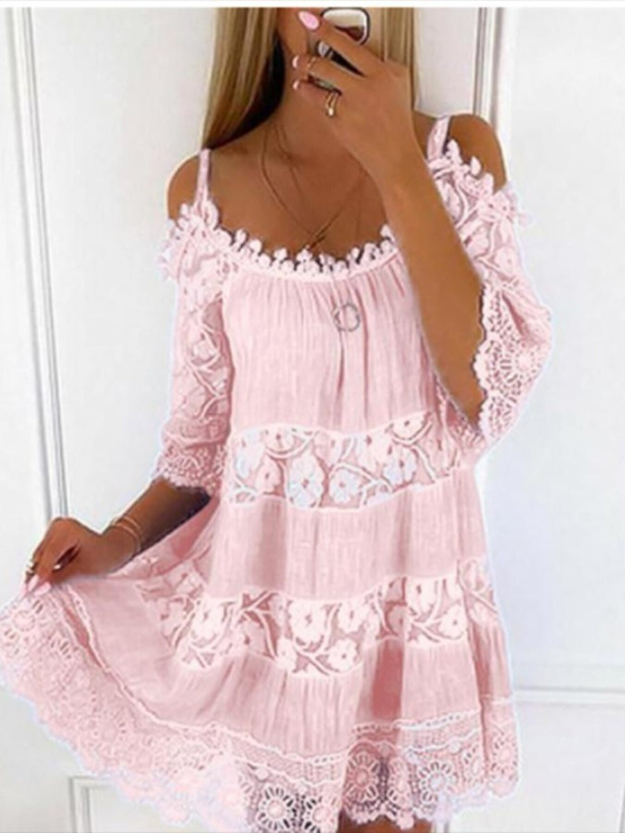 Light Blue Bohemian Lace Cold Shoulder Mini Dress Plus Size