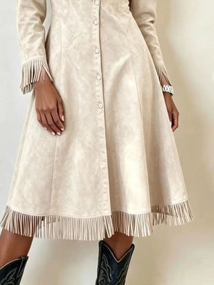 Full Size Fringed Button-Down Shirt Dress in Beige with buttoned