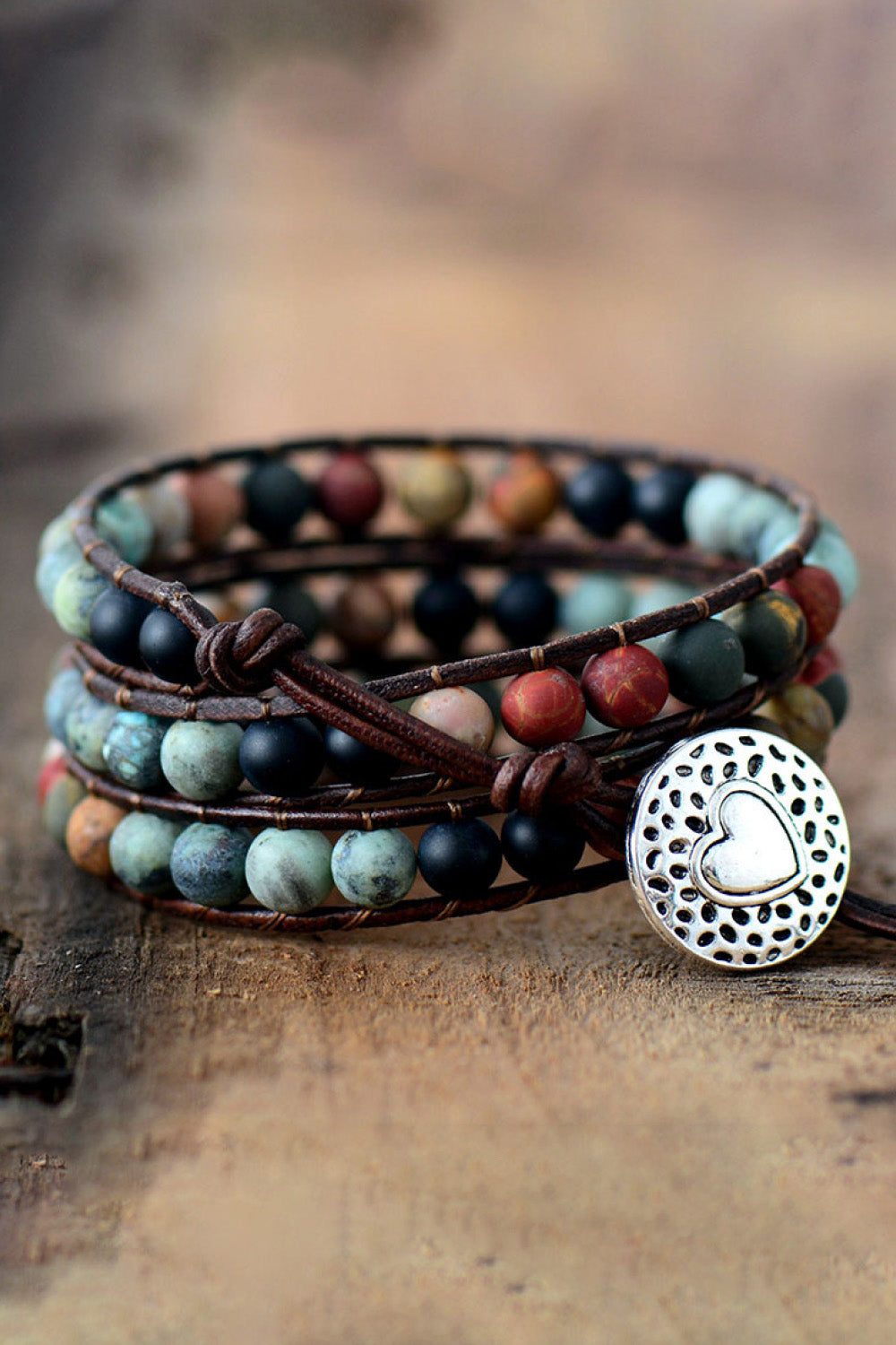 Multicolor beaded wrap bracelet with stone beads and silver heart charm