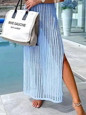 Light blue open-knit maxi cover-up with a high slit and crochet detail.
