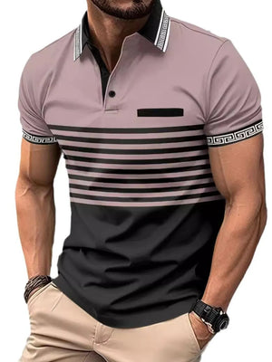 Dusty pink and black geometric stripe polo shirt with contrast trim and pocket.