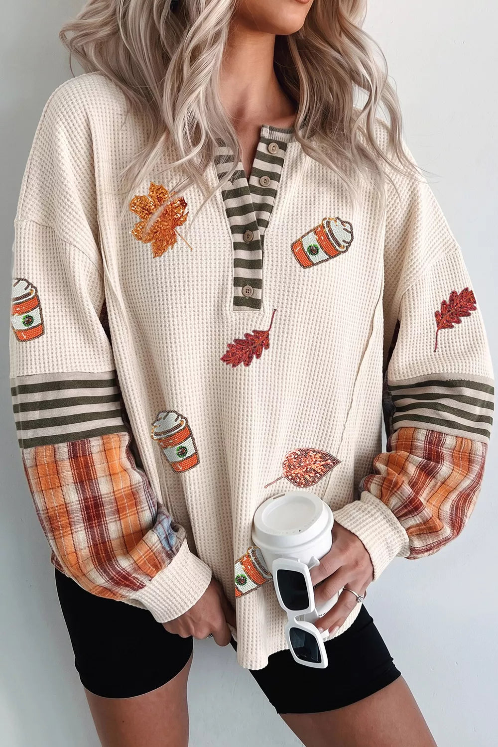 Beige Sequin Autumn Leaf Coffee Cup Waffle Knit Top