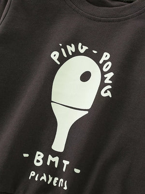 Coffee brown baby sweatshirt with white ping pong graphic and text.