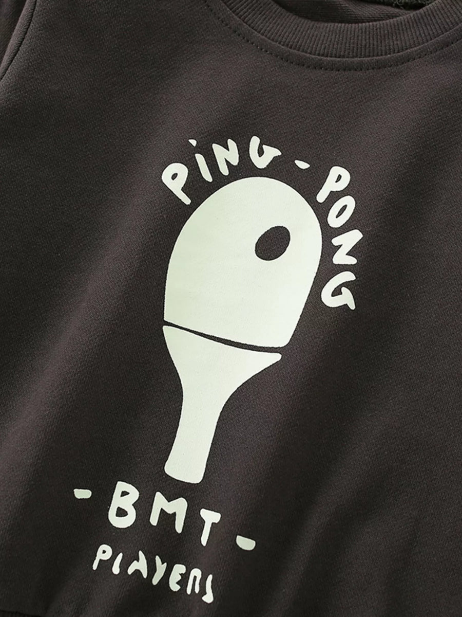 Coffee brown baby sweatshirt with white ping pong graphic and text.