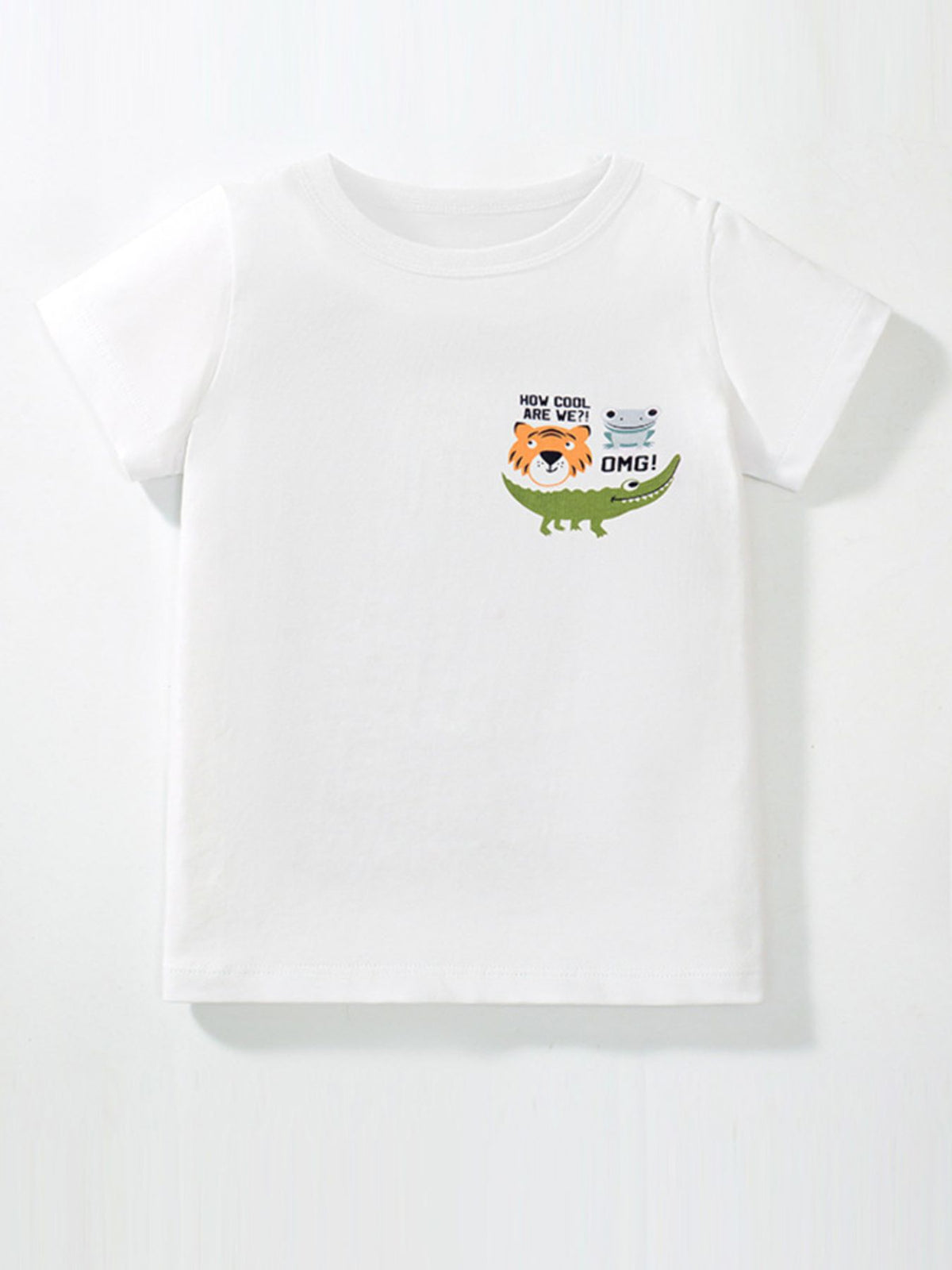 White cotton toddler t-shirt with cartoon tiger, frog, and alligator graphic and text.