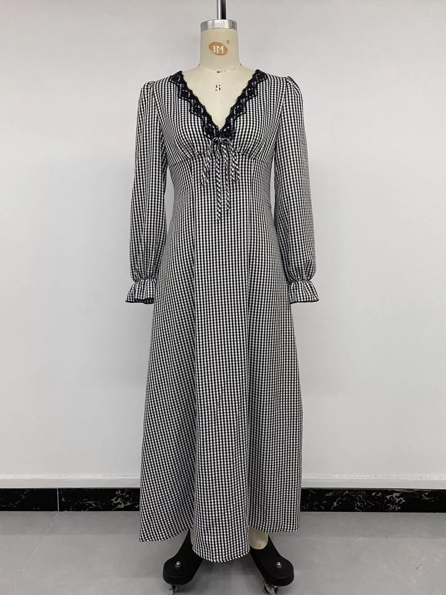 Gingham Lace-trim V-neck Long Sleeve Maxi Dress in Black with lace