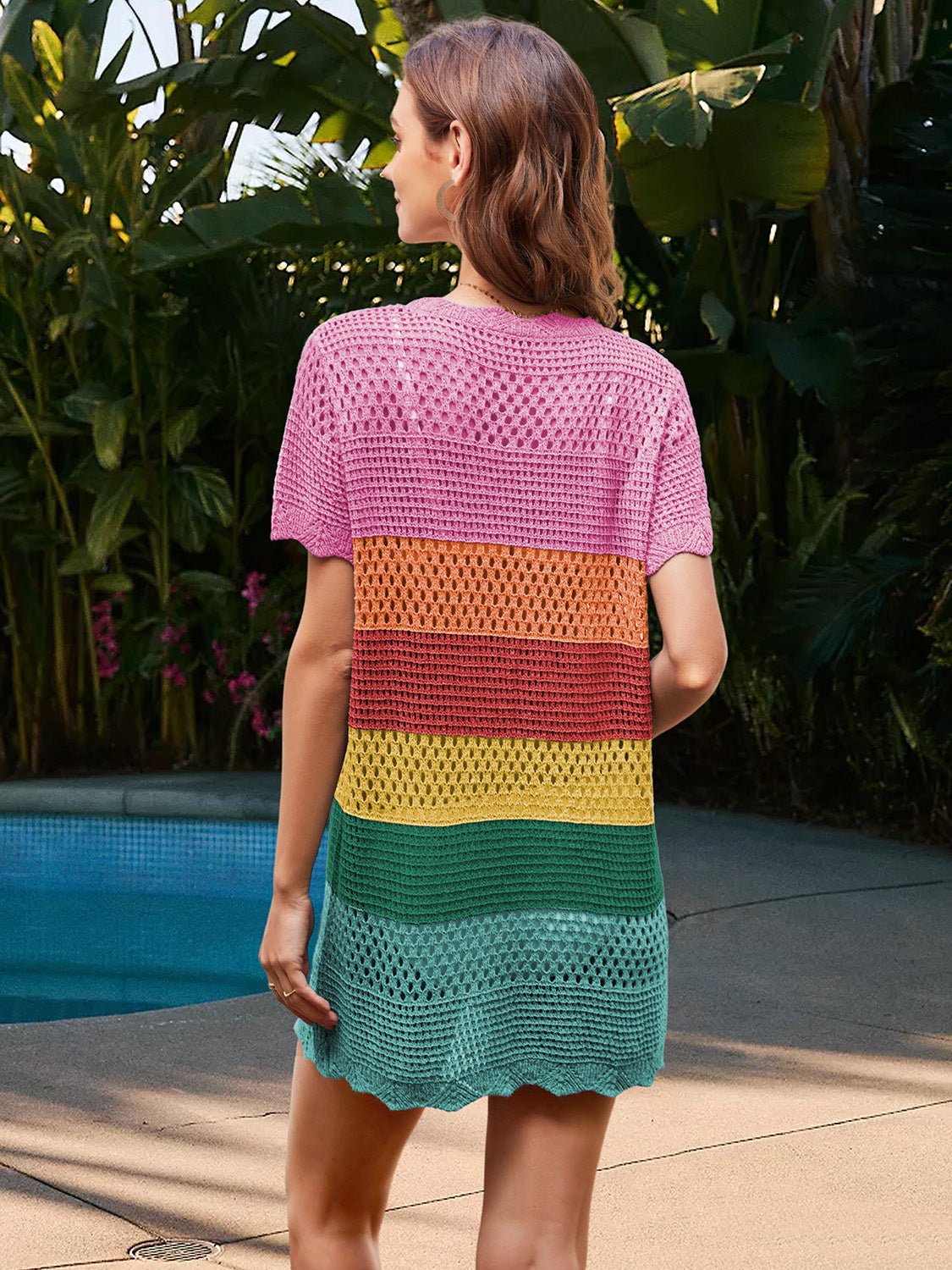 Rainbow crochet cover-up dress with short sleeves and open knit detail.