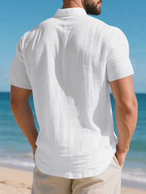 White cotton short-sleeve band-collar shirt with textured fabric