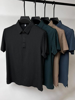 Textured ribbed polo shirt in black with buttoned placket and short sleeves.