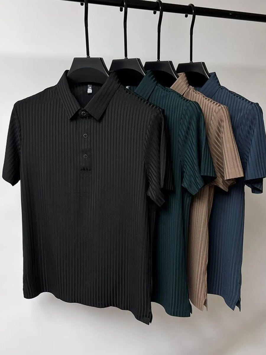Textured ribbed polo shirt in black with buttoned placket and short sleeves.