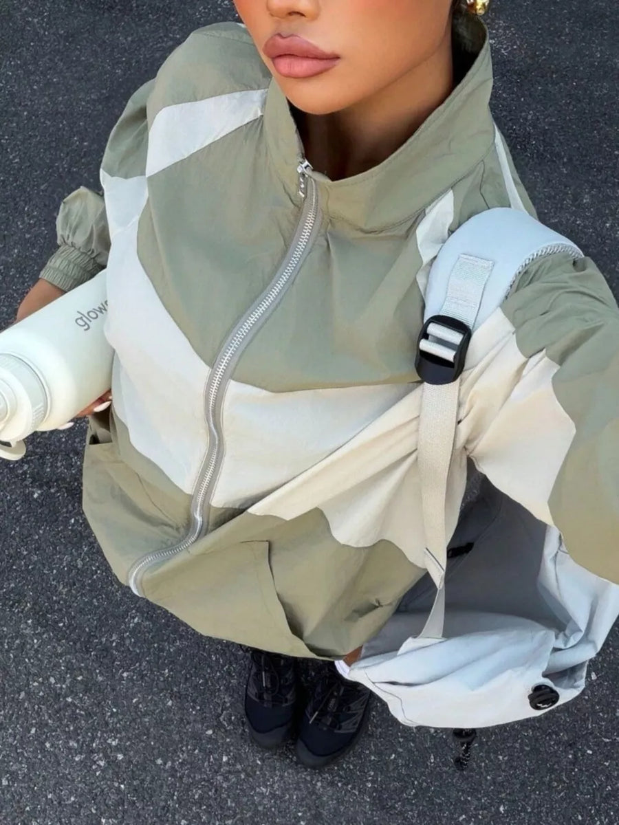 windbreaker featuring color-block in Khaki with 100% polyester Care instructions: Machine wash cold texture