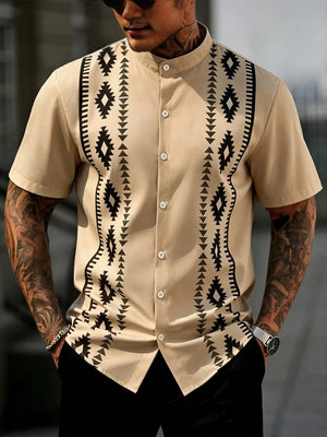 button-up shirt in Black with geometric and buttoned