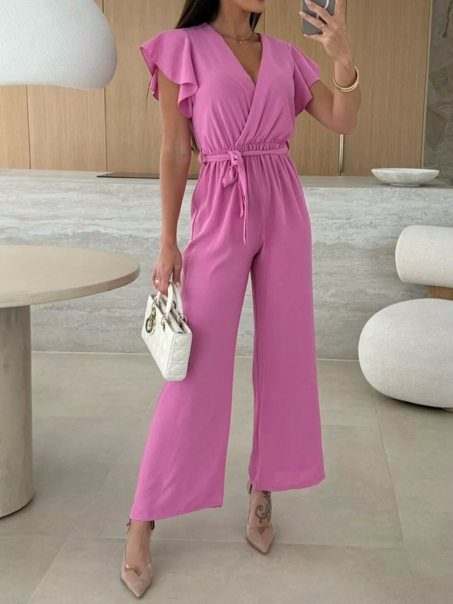 Surplice Ruffle Sleeve Wide Leg Jumpsuit in Black