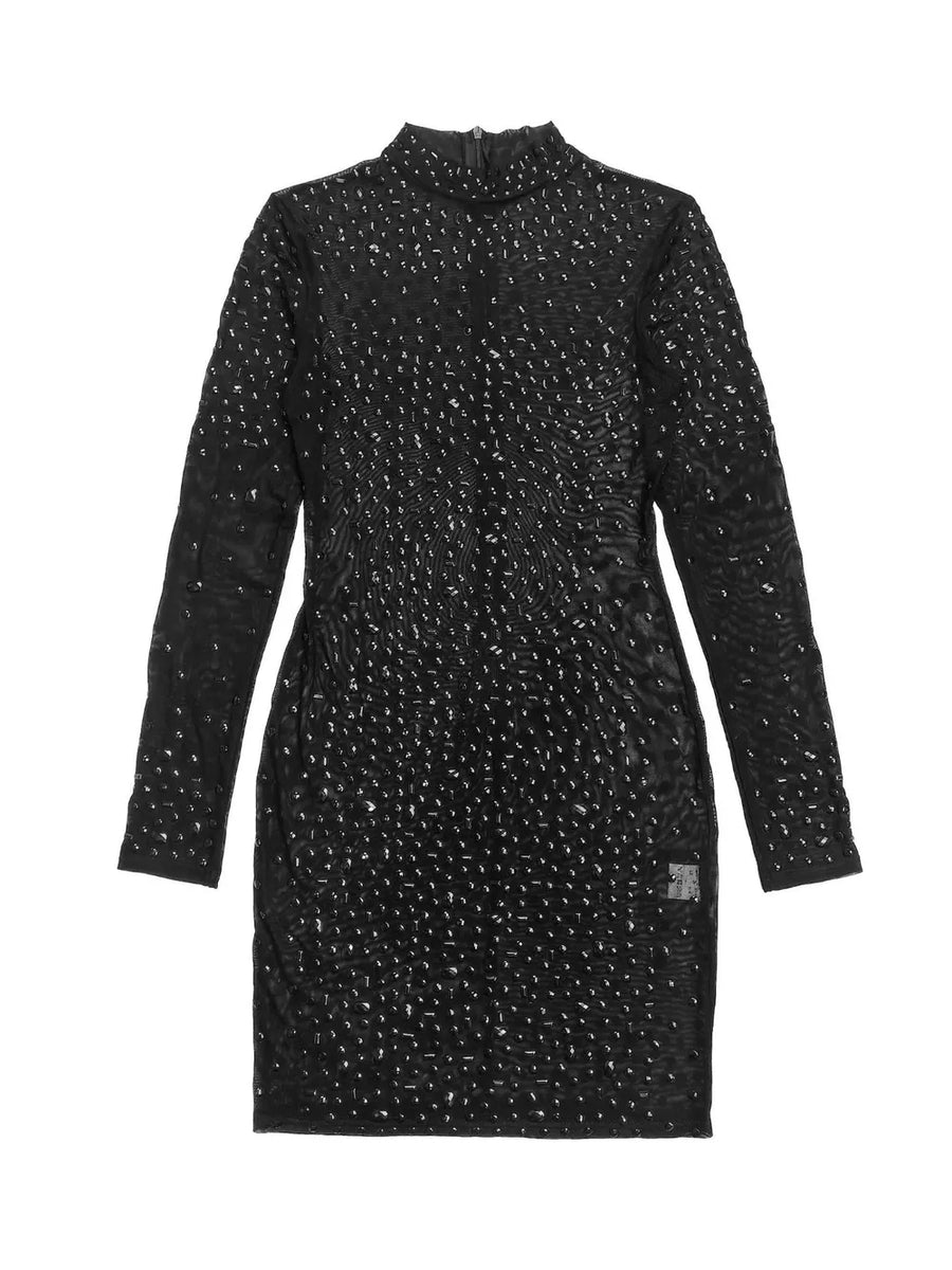 Rhinestone Embellished Long Sleeve Bodycon Mini Dress in Black with mesh