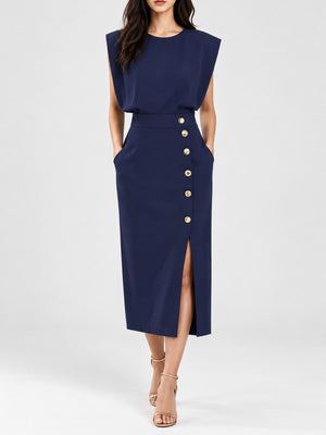 classic midi dress in Apricot with round neck