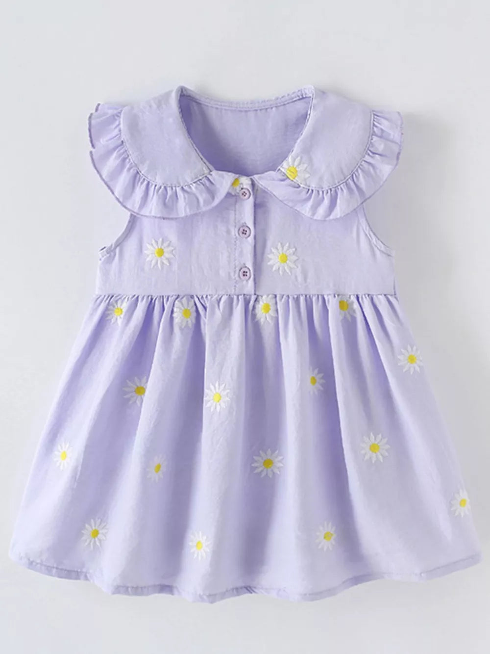 Lavender cotton baby dress with daisy embroidery, Peter Pan collar, and button front.