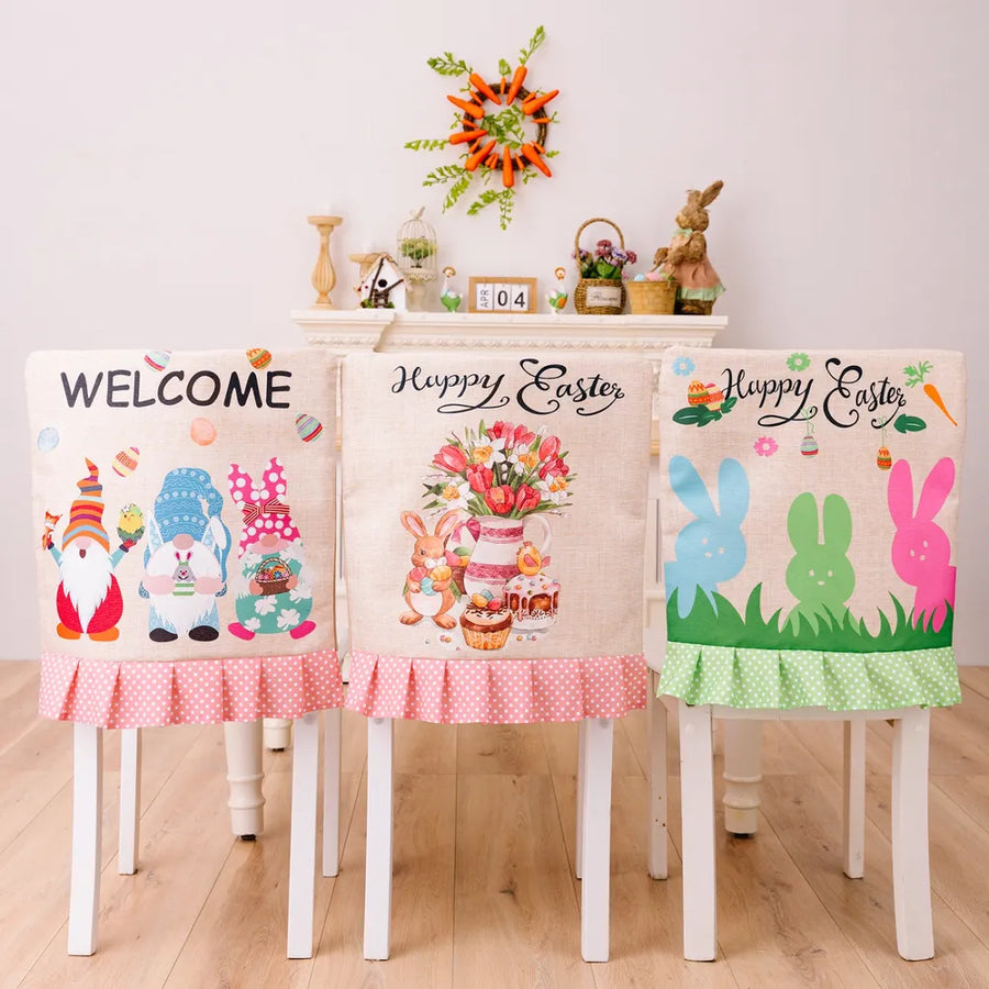 Easter chair covers with gnomes, bunnies, and floral designs.