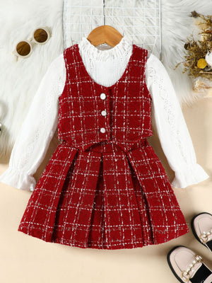 Toddler red plaid tweed vest and pleated skirt set with white lace trim top.