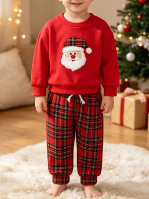 red pajama set with graphic, plaid and crew neck