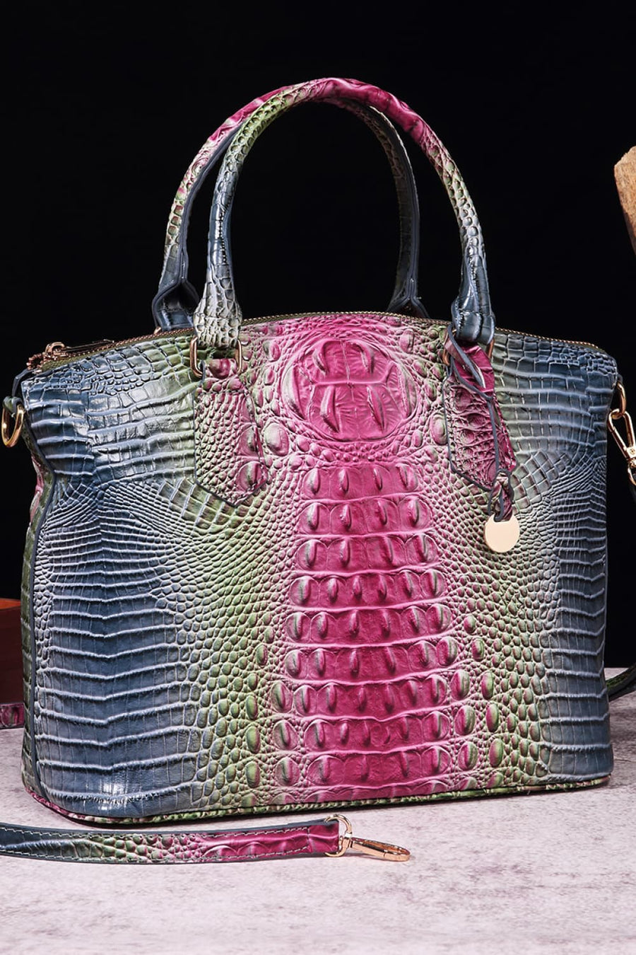 Exotic Crocodile Satchel bag with multicolor gradient pattern and embossed texture.