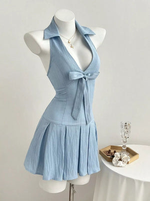Halter Neck Bow Tie Pleated Mini Dress option 5