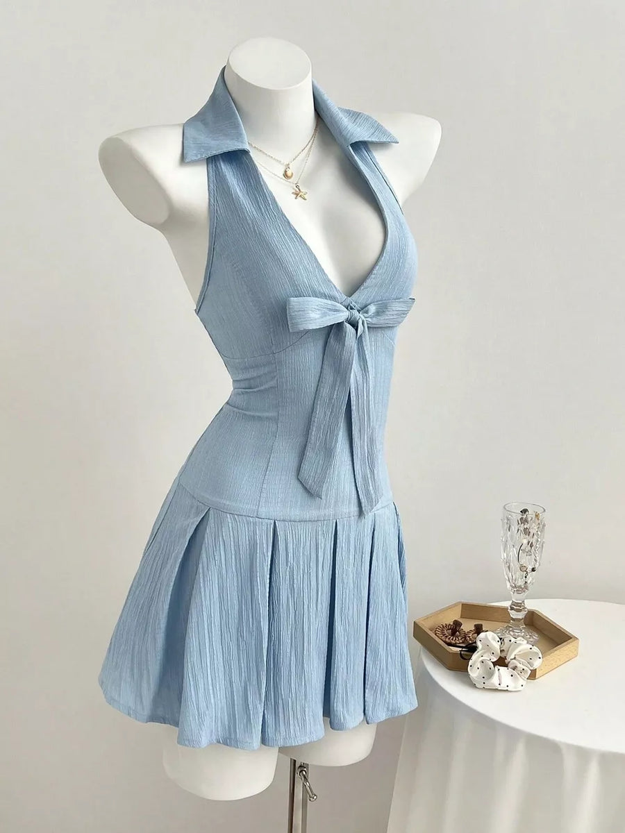 Halter Neck Bow Tie Pleated Mini Dress option 5
