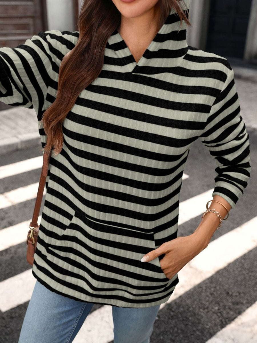 pullover hoodie in Black And Green Stripes with ribbed and hip-length