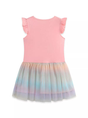 Pink baby dress with ruffle sleeves and a rainbow tulle skirt.
