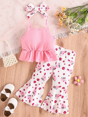 Pink ruffled tank top and white floral bunny flare pants set with matching headband.