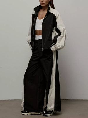 Black with Color Block Zip Up Outerwear And Pants Set