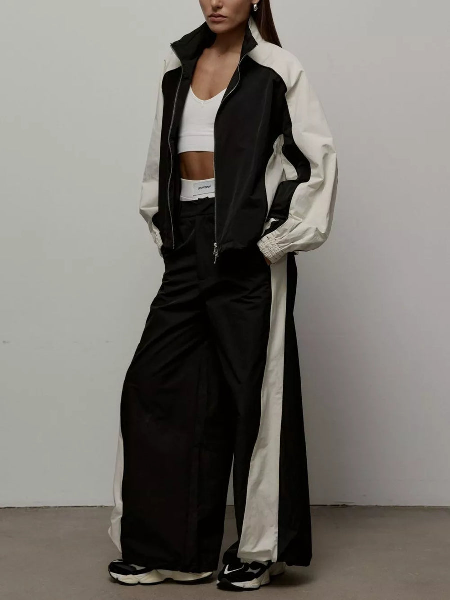 Black with Color Block Zip Up Outerwear And Pants Set