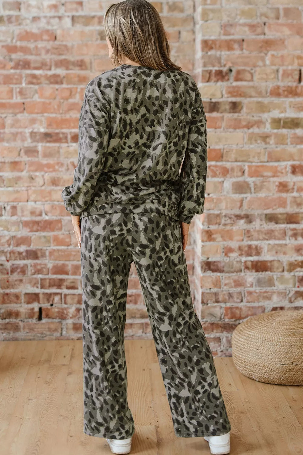 Leopard Print Long Sleeve Top And Pants Set in dark brown with pocketed