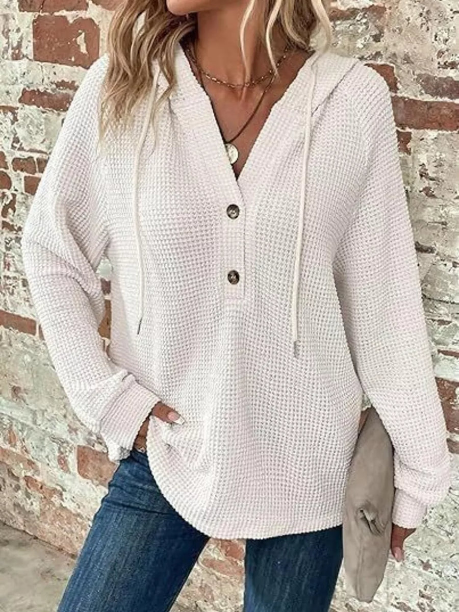 Black Full Size Waffle Knit Half-button Hoodie Plus Size