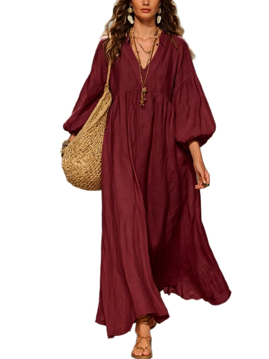 Wine Red A-line maxi dress with v-neck