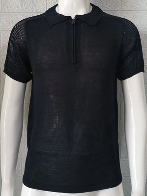Black textured knit polo shirt with zip neck and short sleeves