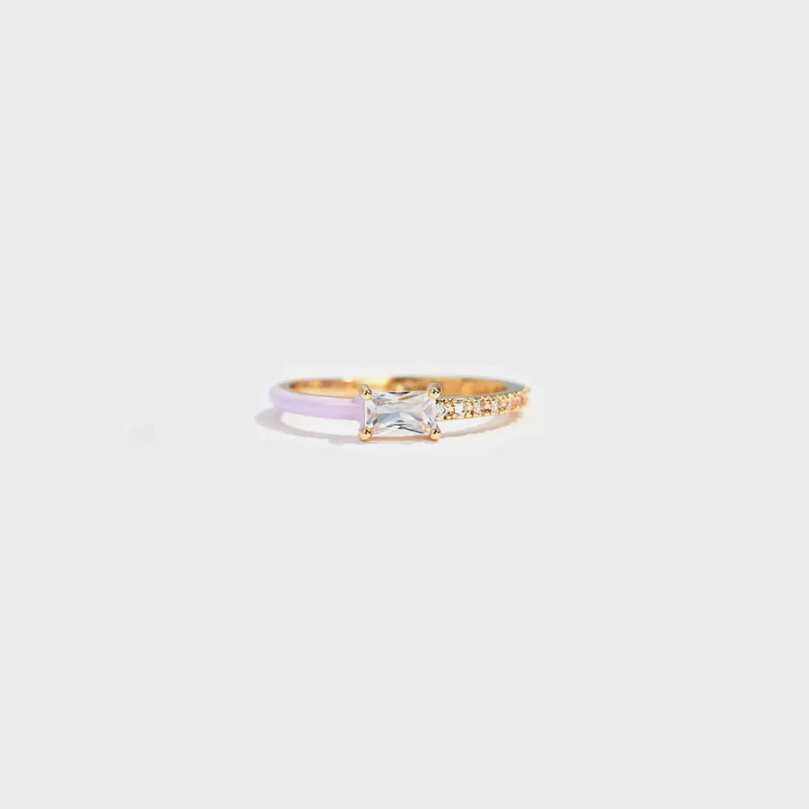 Enamel heart & pave band ring with baguette stone, light purple and gold tone.
