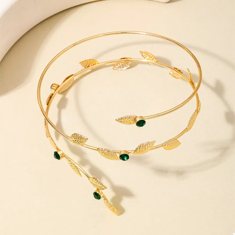 emerald green bracelet featuring rhinestone embellishment and leaf