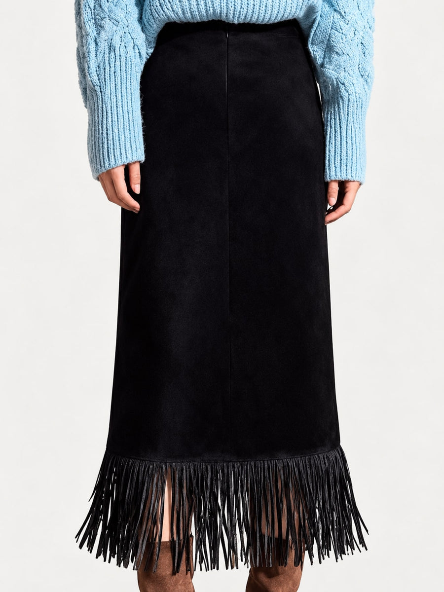 midi skirt in camel with fringe and midi