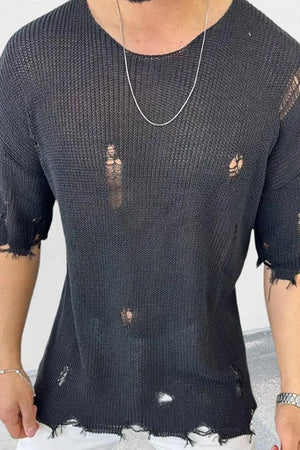 Black open-knit crewneck tee with distressed holes and raw hem